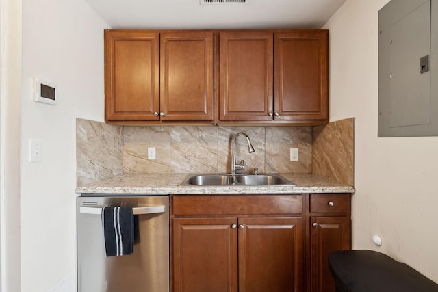 kitchen featuring a sink, stainless steel dishwasher, electric panel, decorative backsplash, and brown cabinetry