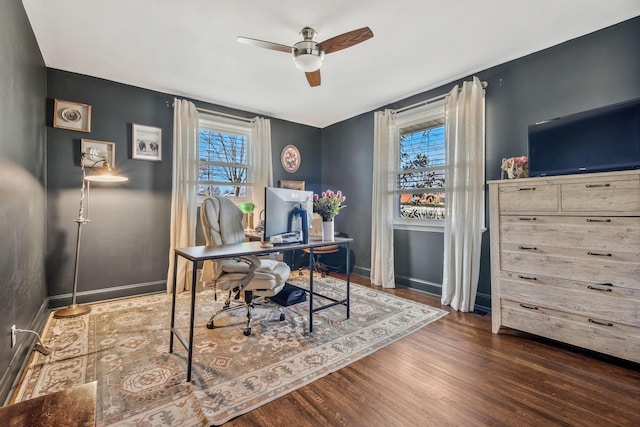 office featuring ceiling fan and dark hardwood / wood-style flooring