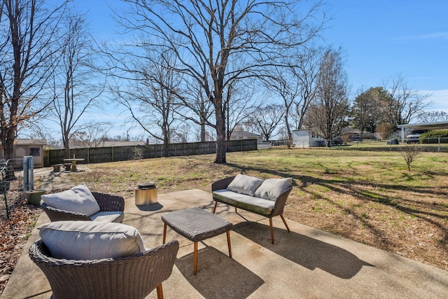 view of patio with a shed