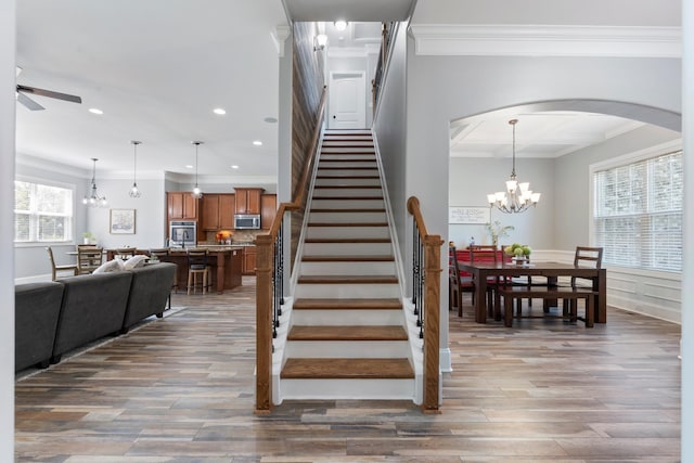 staircase with hardwood / wood-style flooring, crown molding, and ceiling fan with notable chandelier