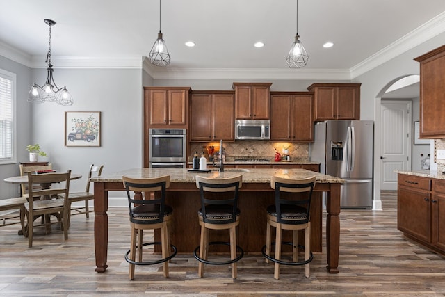 kitchen featuring pendant lighting, stainless steel appliances, light stone counters, and a kitchen island with sink