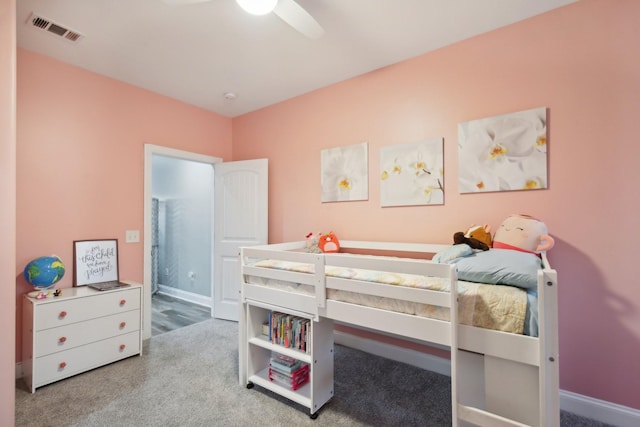 carpeted bedroom featuring ceiling fan