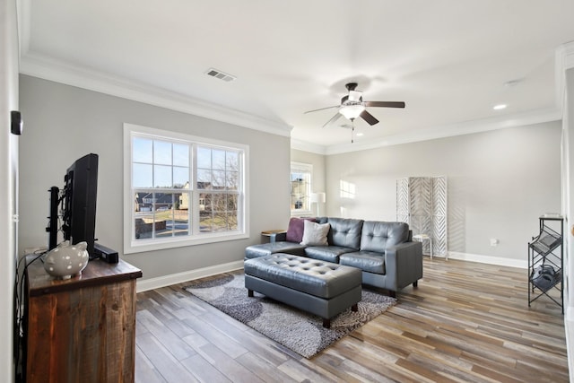 living room with ornamental molding, hardwood / wood-style floors, and ceiling fan