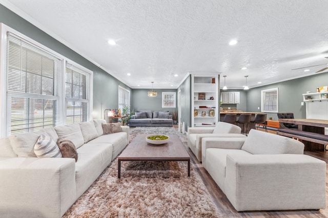 living room with hardwood / wood-style floors, crown molding, and a textured ceiling