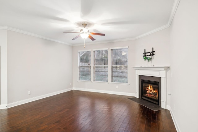 unfurnished living room with ceiling fan, ornamental molding, and dark hardwood / wood-style floors