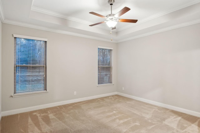 carpeted spare room featuring ceiling fan, crown molding, and a raised ceiling