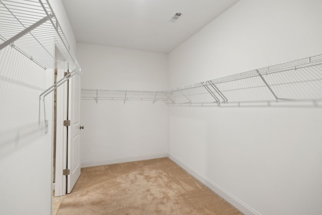 walk in closet with light carpet