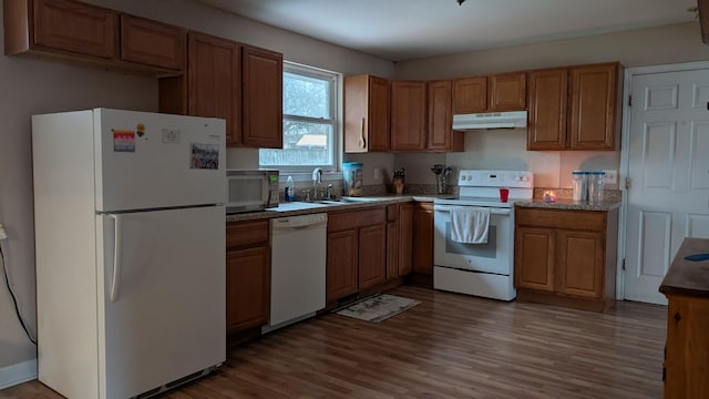 kitchen featuring sink, white appliances, and hardwood / wood-style flooring