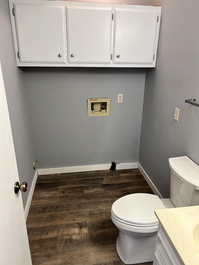 interior space featuring vanity, wood-type flooring, and toilet