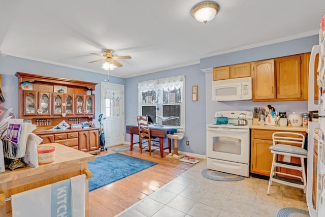 2360 Seven Mile Ferry Rd, Clarksville, TN 37040 - kitchen featuring ceiling fan, white appliances, ornamental molding, and light tile patterned floors