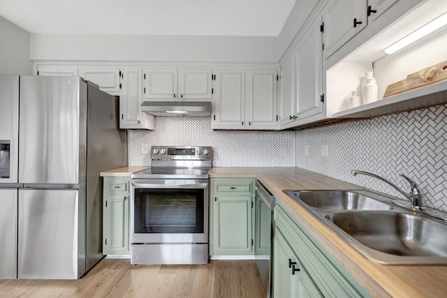 kitchen with wood counters, white cabinetry, sink, green cabinets, and stainless steel appliances