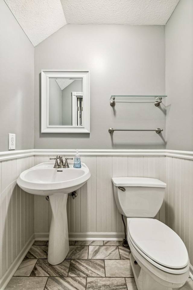 bathroom featuring toilet, vaulted ceiling, and a textured ceiling