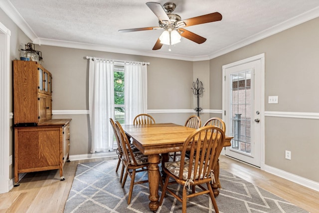 dining space with ceiling fan, light hardwood / wood-style flooring, a textured ceiling, and ornamental molding