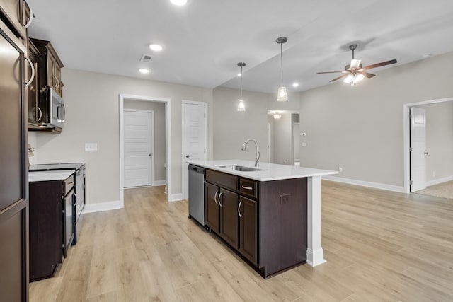 kitchen featuring appliances with stainless steel finishes, sink, pendant lighting, dark brown cabinets, and a kitchen island with sink