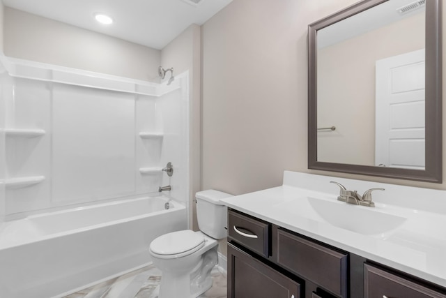 full bathroom featuring toilet, bathing tub / shower combination, and vanity