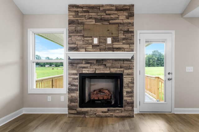 details with hardwood / wood-style floors and a stone fireplace