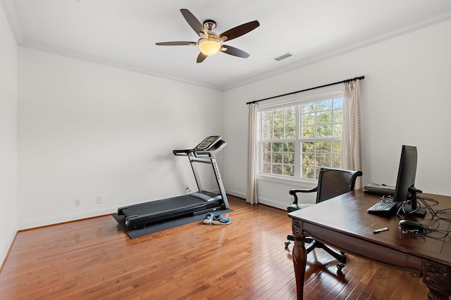 workout area featuring crown molding, wood-type flooring, and ceiling fan