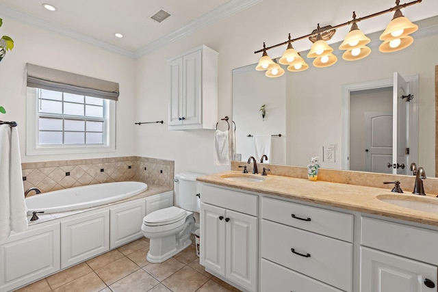 bathroom with tile patterned flooring, toilet, a tub to relax in, ornamental molding, and vanity