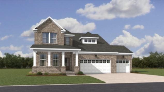 view of front facade with a front lawn, a porch, and a garage