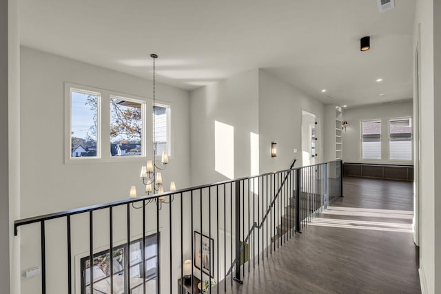 hallway featuring dark hardwood / wood-style flooring, an inviting chandelier, and a healthy amount of sunlight