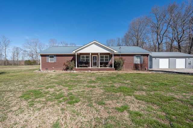 ranch-style house featuring a front yard, crawl space, brick siding, and covered porch