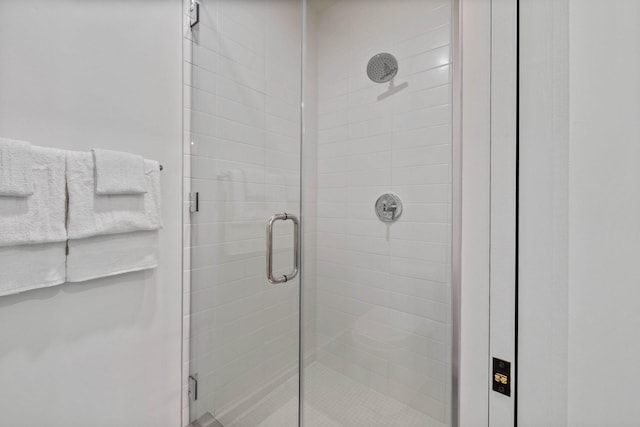 bathroom featuring a shower with door