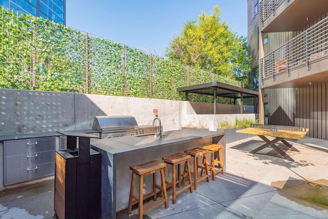 view of patio / terrace with an outdoor kitchen, a wet bar, and grilling area