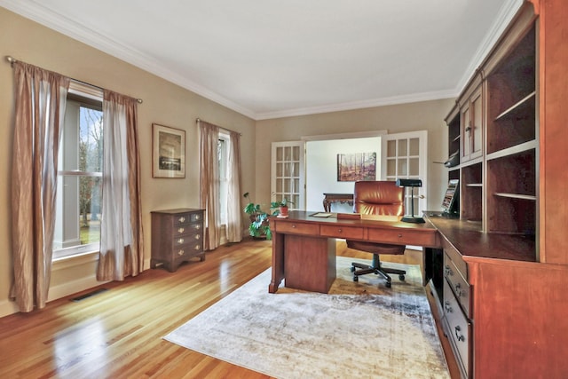 office space featuring ornamental molding and wood-type flooring