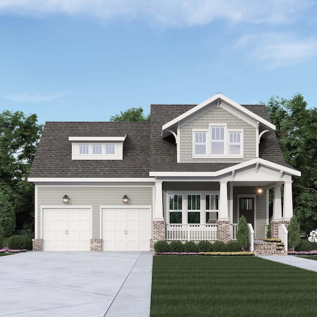 view of front of house with a front lawn, a porch, and a garage