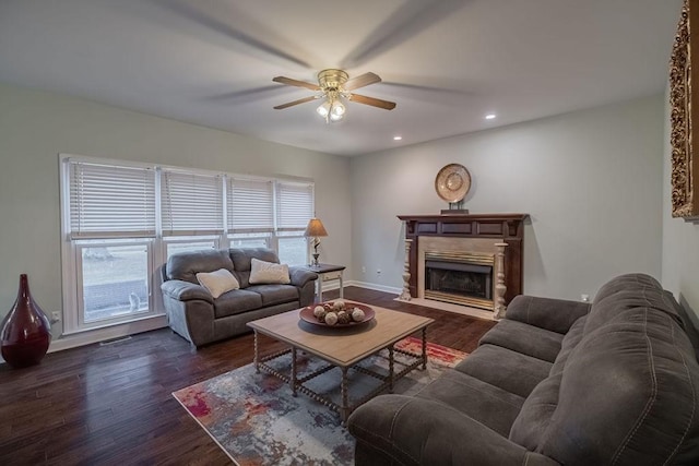 306 Amherst Dr, Tullahoma, TN 37388 - living area featuring ceiling fan, dark wood finished floors, recessed lighting, a fireplace, and baseboards