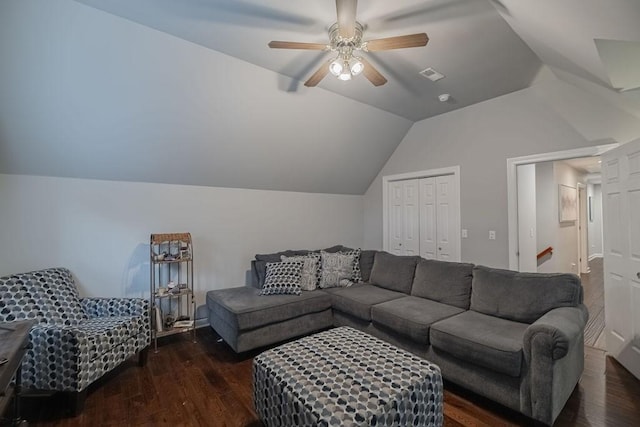 306 Amherst Dr, Tullahoma, TN 37388 - living room featuring vaulted ceiling, wood finished floors, and ceiling fan