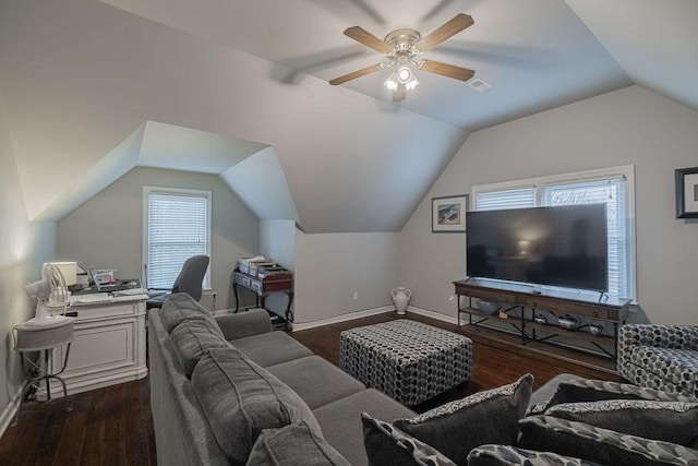 306 Amherst Dr, Tullahoma, TN 37388 - living room featuring dark wood-style flooring, vaulted ceiling, ceiling fan, and baseboards