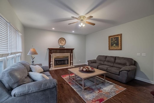 306 Amherst Dr, Tullahoma, TN 37388 - living area featuring a ceiling fan, baseboards, wood finished floors, recessed lighting, and a fireplace