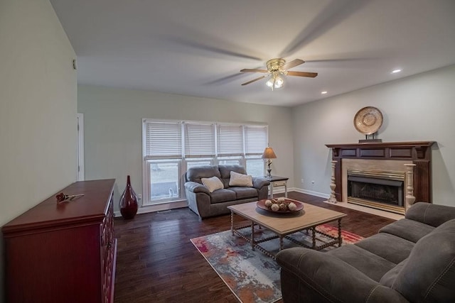 306 Amherst Dr, Tullahoma, TN 37388 - living area featuring a ceiling fan, baseboards, dark wood finished floors, a fireplace, and recessed lighting