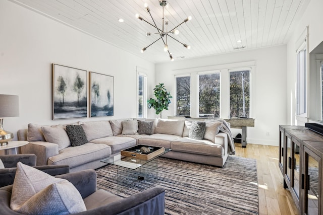 living room with wooden ceiling, a chandelier, and light hardwood / wood-style floors