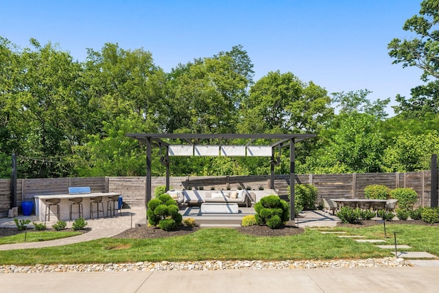 surrounding community featuring a pergola, an outdoor hangout area, a patio area, a lawn, and a bar