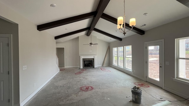 unfurnished living room featuring ceiling fan with notable chandelier and vaulted ceiling with beams