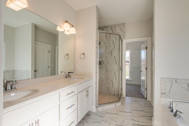 bathroom with plus walk in shower and vanity