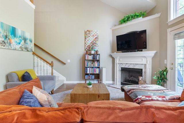 living room featuring a fireplace, high vaulted ceiling, and hardwood / wood-style flooring