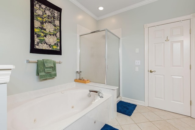 bathroom with ornamental molding, plus walk in shower, and tile patterned flooring