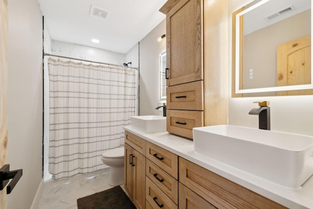 bathroom with vanity, toilet, and walk in shower