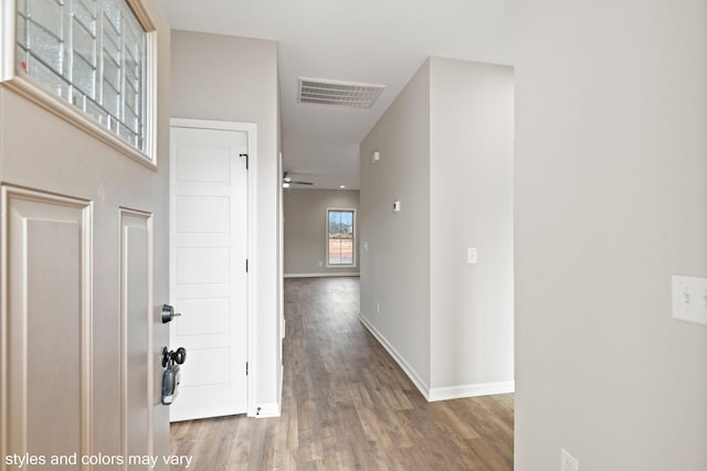 interior space featuring hardwood / wood-style flooring and ceiling fan