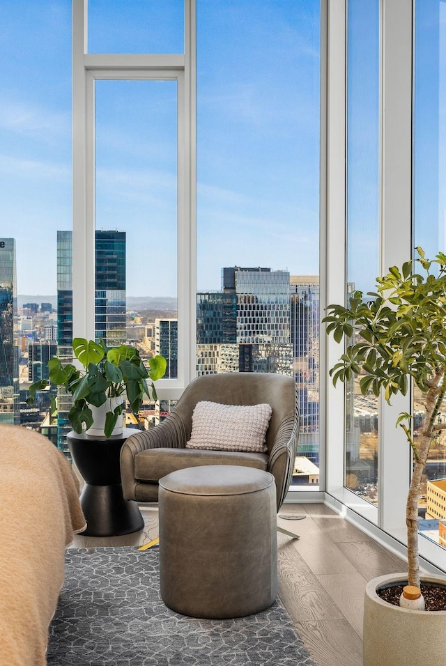 bedroom featuring multiple windows, a view of city, and expansive windows
