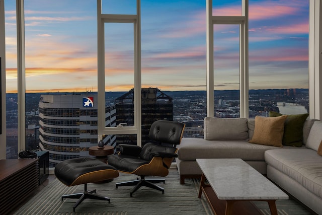 living room with a city view and a wall of windows