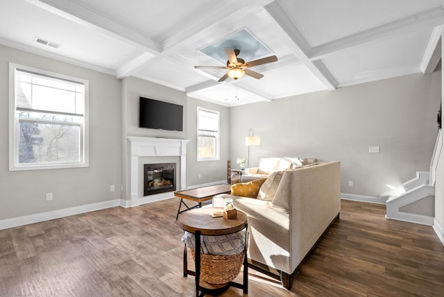 living room with beam ceiling, ceiling fan, crown molding, coffered ceiling, and dark hardwood / wood-style flooring