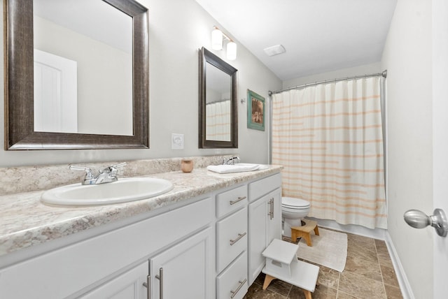 full bathroom with toilet, vanity, and shower / tub combo