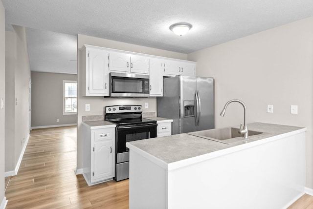 kitchen featuring kitchen peninsula, stainless steel appliances, light hardwood / wood-style floors, sink, and white cabinets