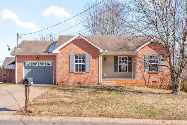 single story home featuring a front yard and a garage