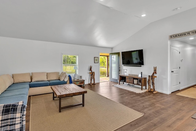 living room featuring lofted ceiling and wood-type flooring