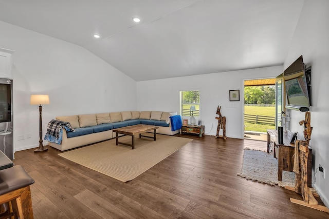 living room with dark hardwood / wood-style floors and lofted ceiling